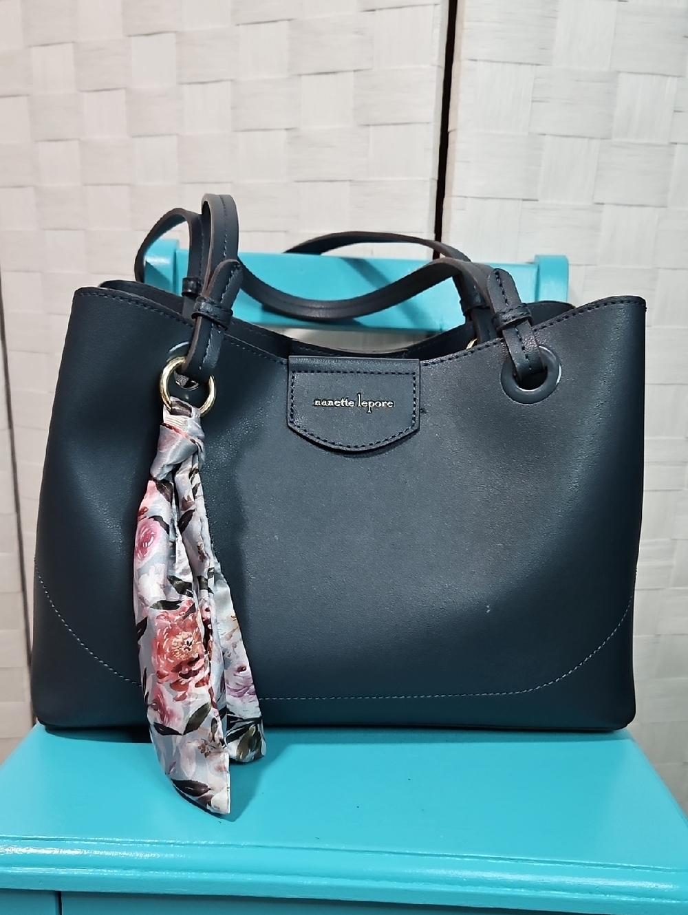 Nanette Lepore Navy Vegan Leather Tote with Floral Scarf